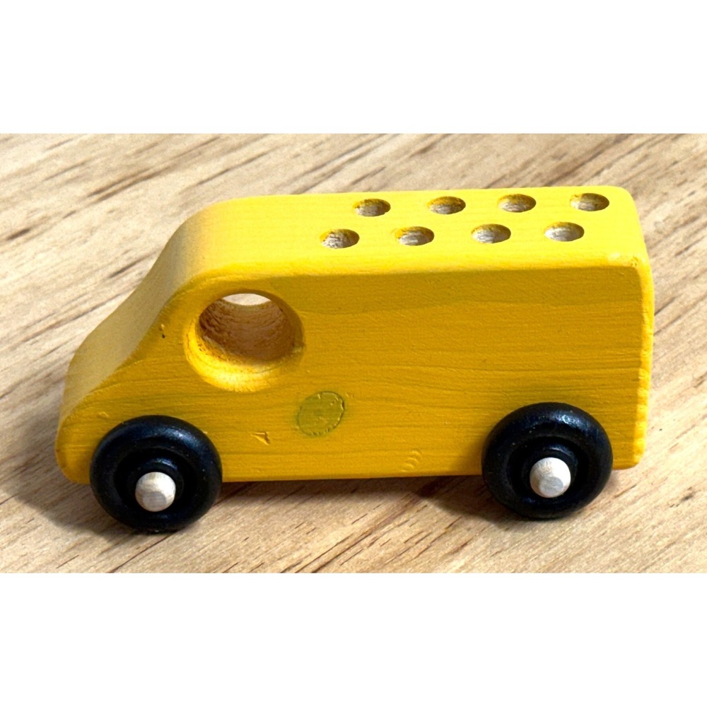 Vintage Yellow Wooden Toy Bus Miniature Rolling Van Montessori Waldorf Toy